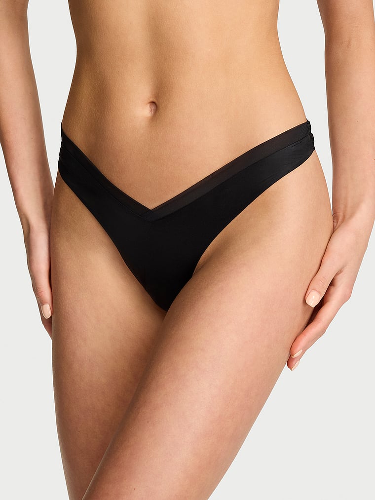 Sheer Reveal Mesh-Trim Strappy-Back Thong Panty image number null