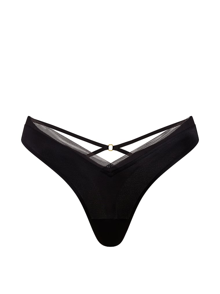 Sheer Reveal Mesh-Trim Strappy-Back Thong Panty image number null