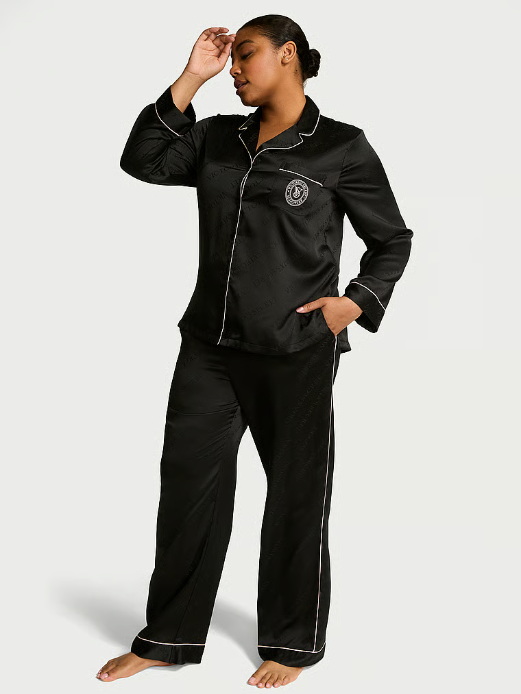 Glazed Satin Long Pajama Set Black_26930177 is not available S is