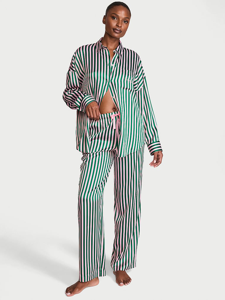 Signature Satin Oversized Long Pajama Set image number null