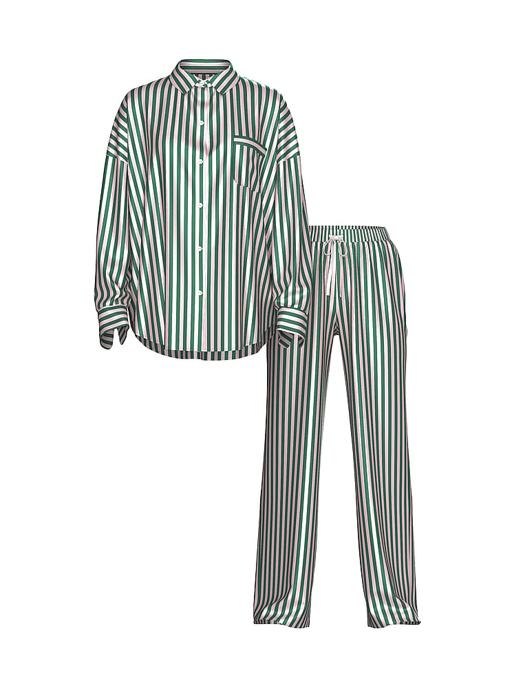Signature Satin Oversized Long Pajama Set image number null